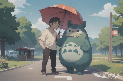 mega size totoro and a guy with umbrella standing (19)